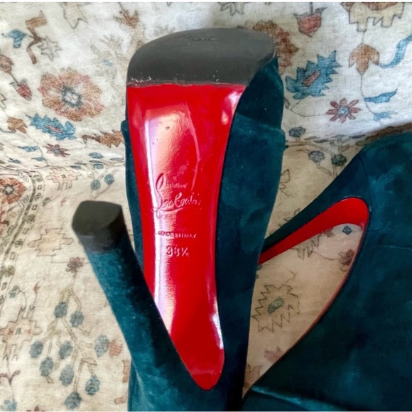 Christian Louboutin Ruched Teal Peep-Toe Suede Heels - Picture 5 of 9